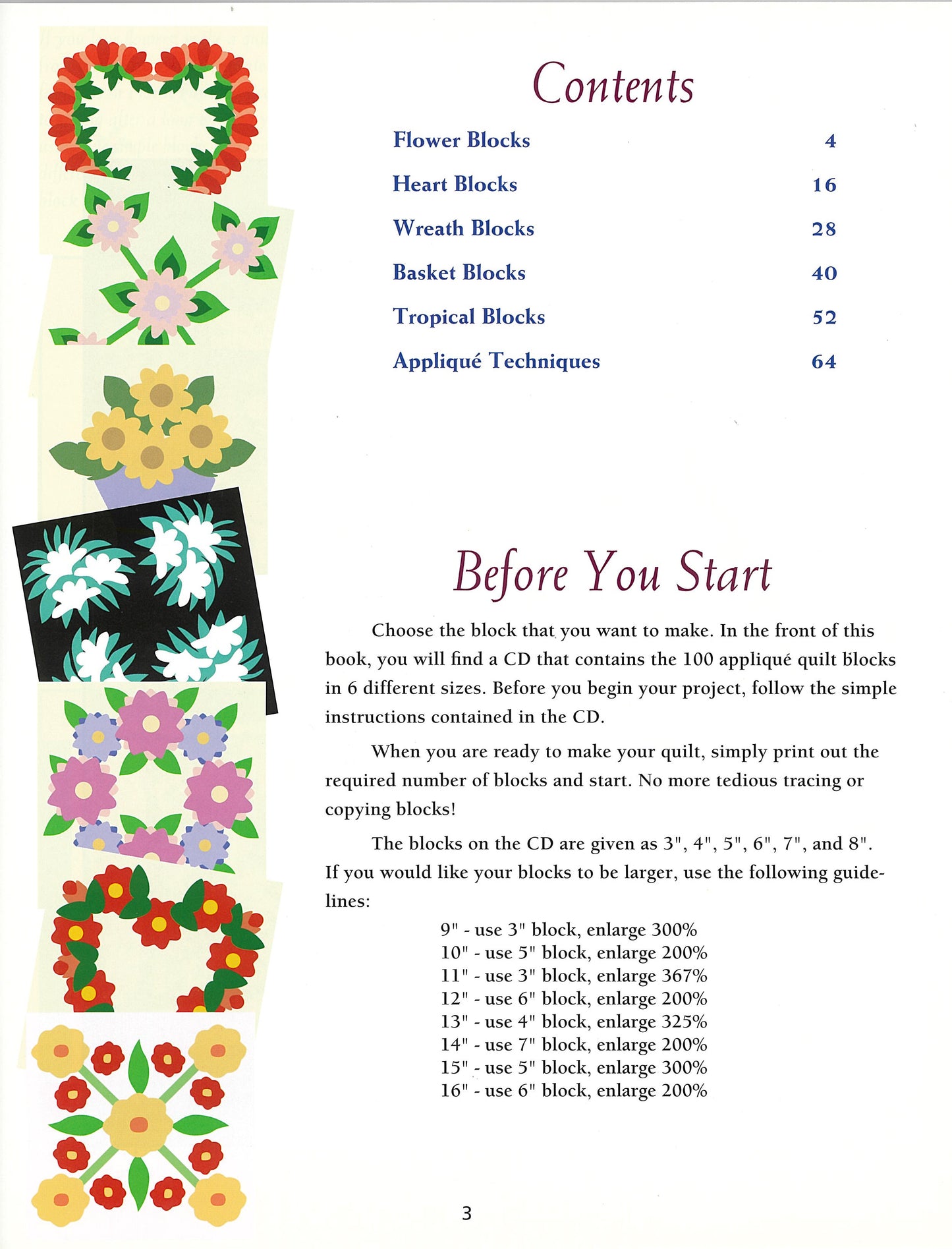The contents page of "100 Any-Size Applique Blocks" by Leisure Arts features vibrant floral quilt block illustrations on the left, a contents list on the right, and tips for selecting block sizes and using applique templates below.