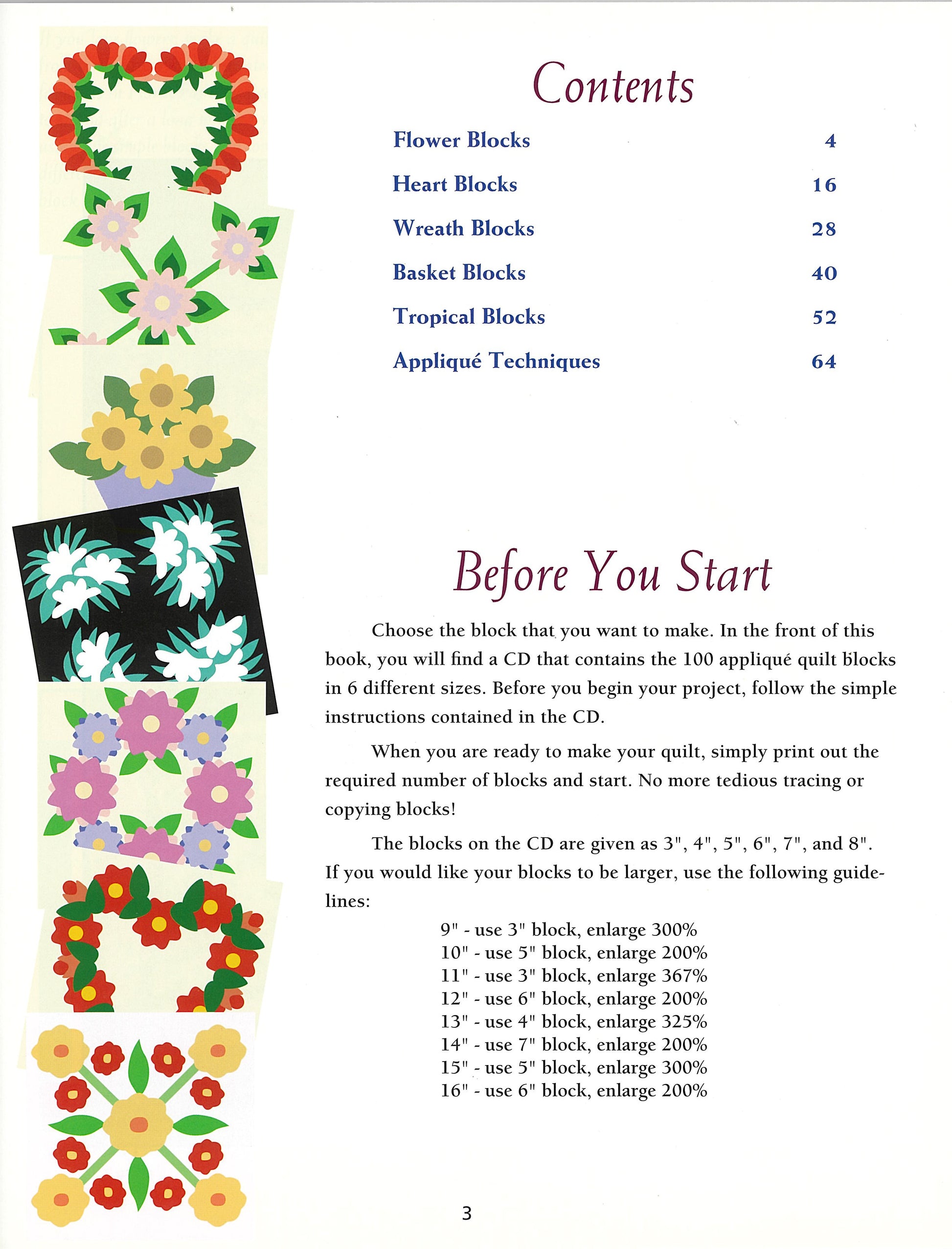 The contents page of "100 Any-Size Applique Blocks" by Leisure Arts features vibrant floral quilt block illustrations on the left, a contents list on the right, and tips for selecting block sizes and using applique templates below.