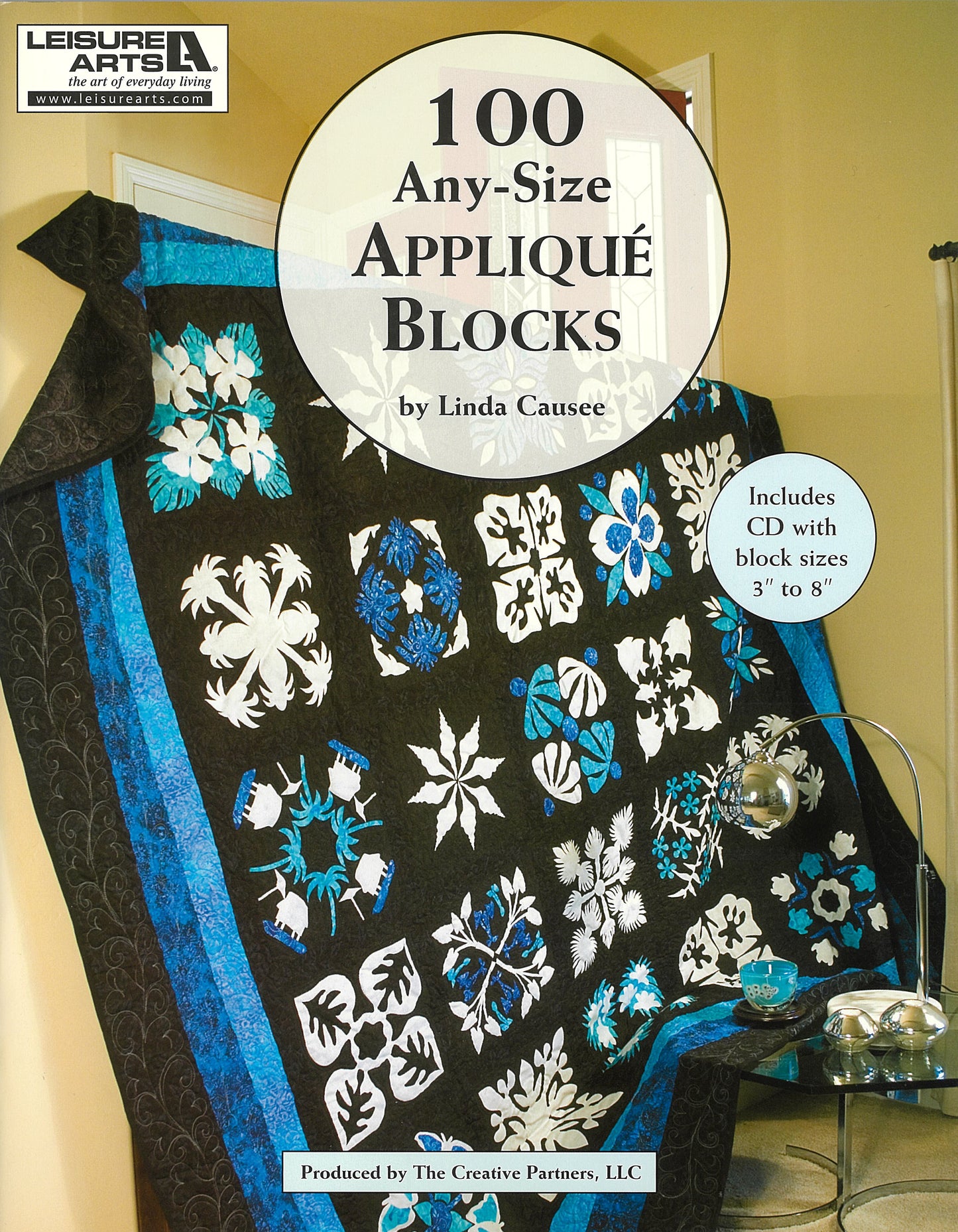 The cover of Leisure Arts’ "100 Any-Size Applique Blocks" shows a black quilt with blue and white applique draped over a chair. Includes a CD with templates in sizes from 3 to 8 inches.