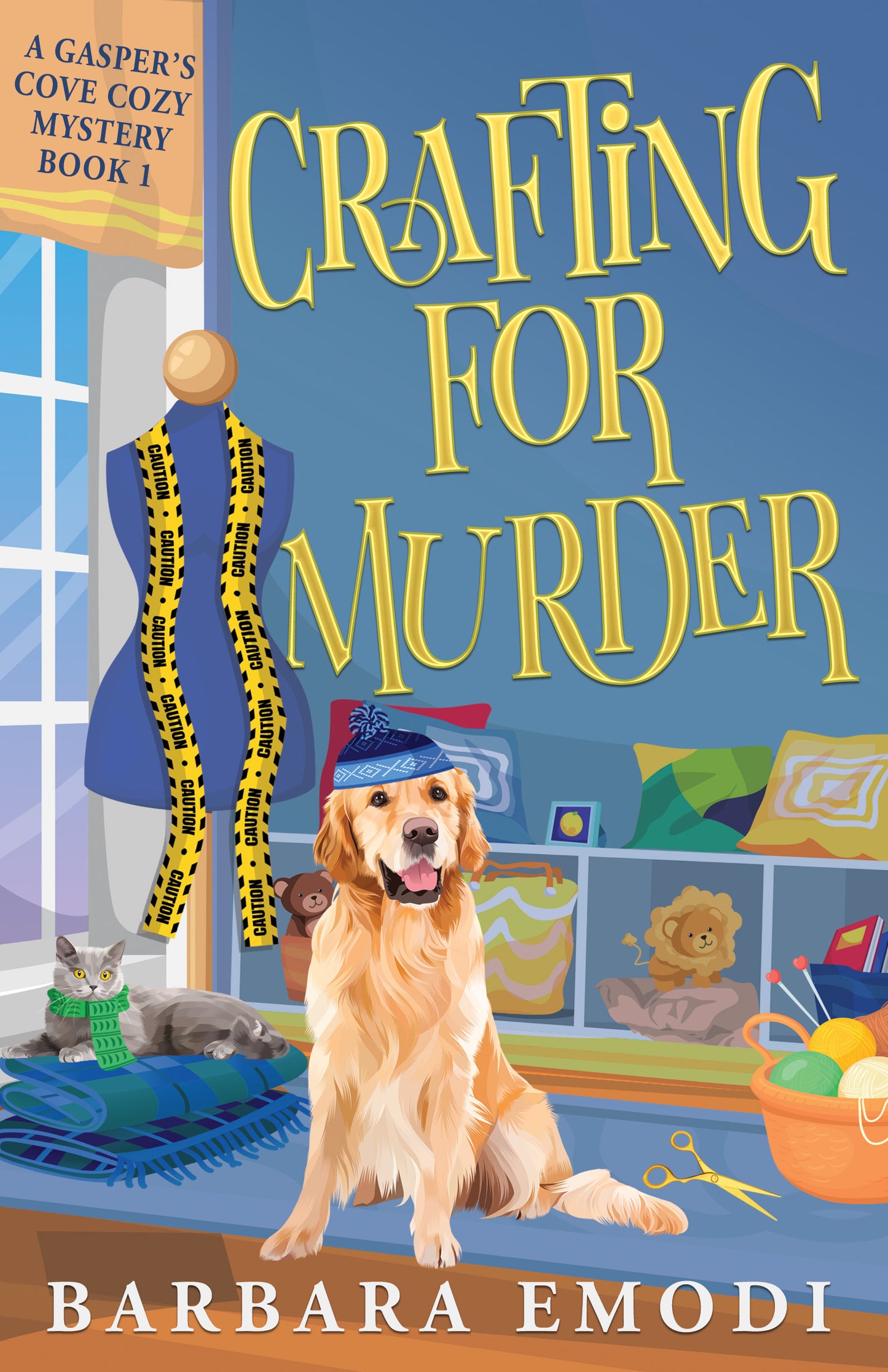 Book cover for "Crafting for Murder" by C&T Publishing: a golden retriever in a blue hat, gray cat on a sofa, dress form with measuring tape, and shelves of yarn—a charming cozy mystery set in Gasper’s Cove.