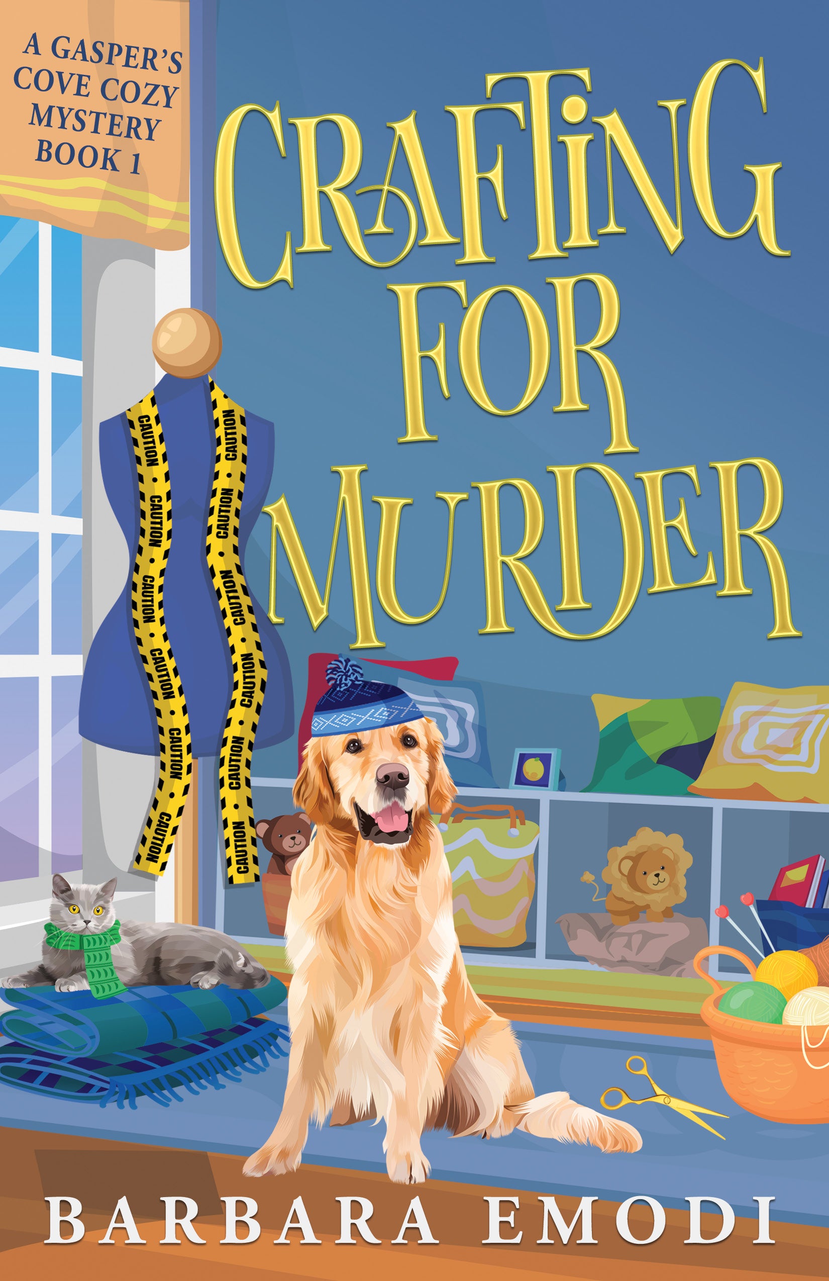 Book cover for "Crafting for Murder" by C&T Publishing: a golden retriever in a blue hat, gray cat on a sofa, dress form with measuring tape, and shelves of yarn—a charming cozy mystery set in Gasper’s Cove.