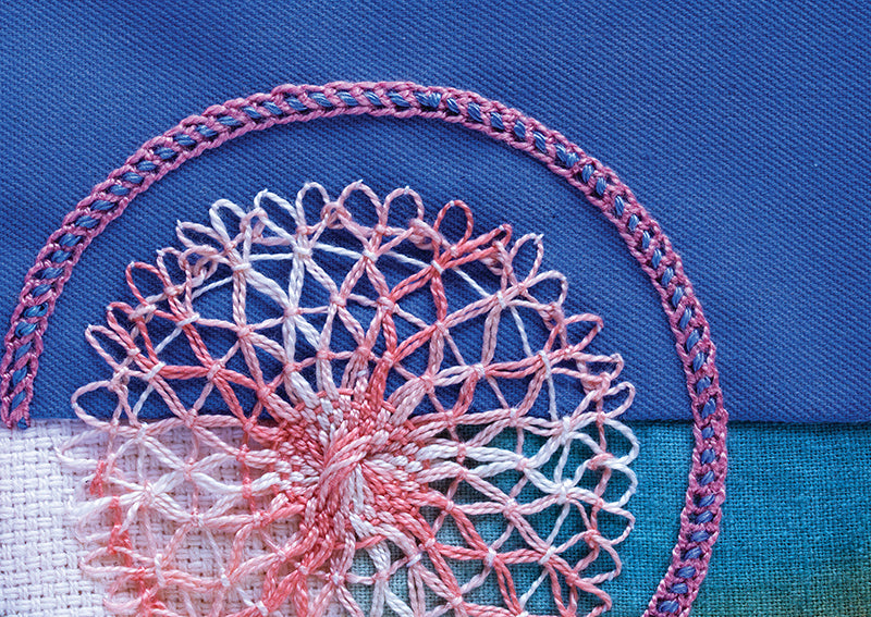 Close-up of vibrant embroidery with pink and white lace patterns on blue and teal fabric—great inspiration from C&T Publishing's "Creative Stitches for Contemporary Embroidery, Volume 2" for crazy quilting or exploring new hand embroidery stitches.