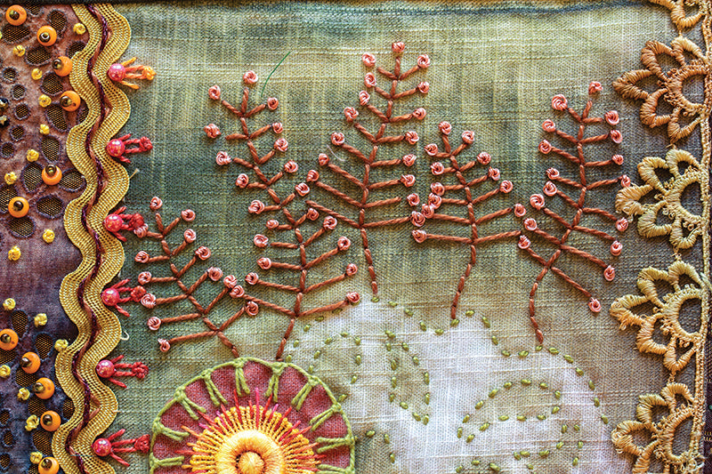 Creative Stitches for Contemporary Embroidery, Volume 2 by C&T Publishing showcases a vibrant mix of pink and green embroidery, yellow lace trim, beads, and colorful motifs—perfect inspiration for crazy quilting enthusiasts.