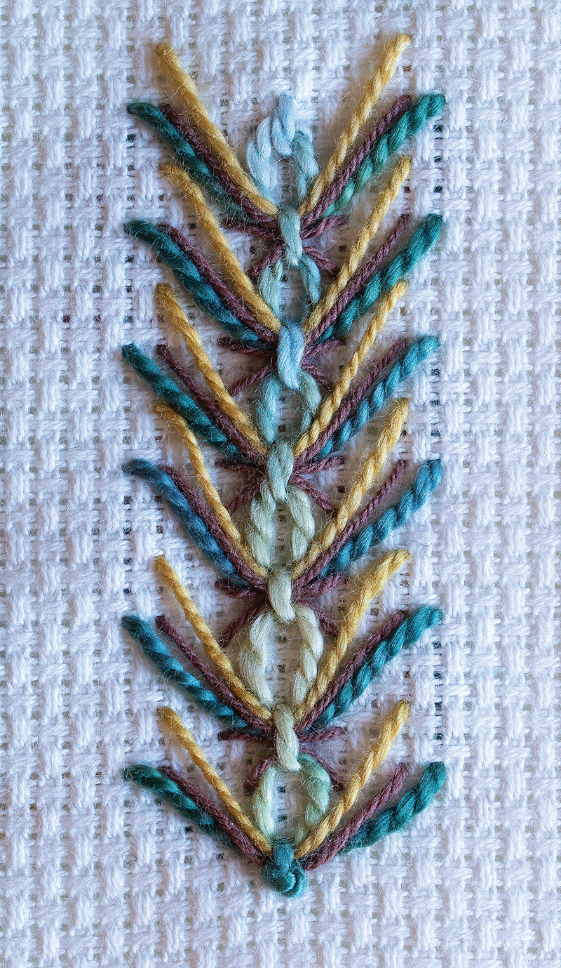 A close-up of a leafy hand embroidery stitch in green, blue, yellow, and brown on white fabric—an inspiring detail from C&T Publishing's "Creative Stitches for Contemporary Embroidery, Volume 2.