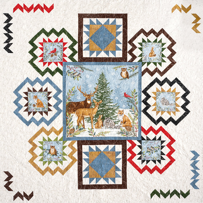 Quilt Panel Magic by C&T Publishing features a delightful panel quilt with deer, owl, fox, squirrel, and pine tree motifs. Surrounded by geometric patterns—ideal for creative quilt panel projects with step-by-step instructions.