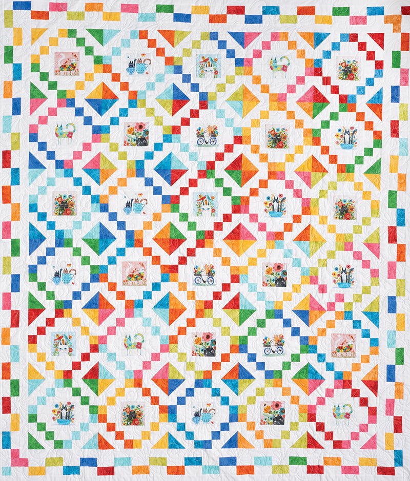 Quilt Panel Magic by C&T Publishing features a vibrant patchwork with geometric squares, diamonds, and illustrated flower, bicycle, and garden blocks on white—perfect inspiration for panel quilts or creative quilt projects.