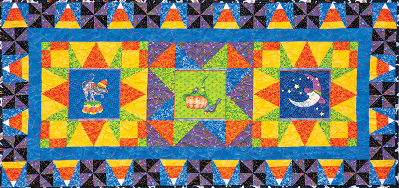 Quilt Panel Magic by C&T Publishing features three festive panels—a cat on a pumpkin, a pumpkin with a mouse, and a crescent moon in a hat—perfect for Halloween quilt panel projects in blue, yellow, orange, and green.