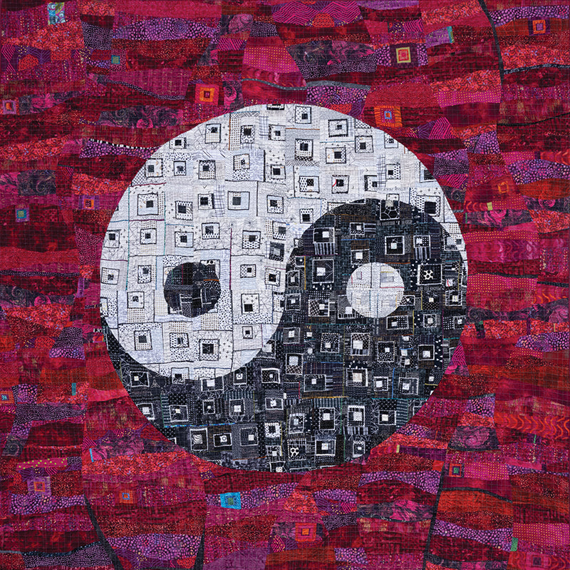 Quilt Small, Dream Big by C&T Publishing features a yin-yang accented with intricate square patterns on a vibrant red and purple quilted background, highlighting miniature quilting with matching black and white pieced designs.