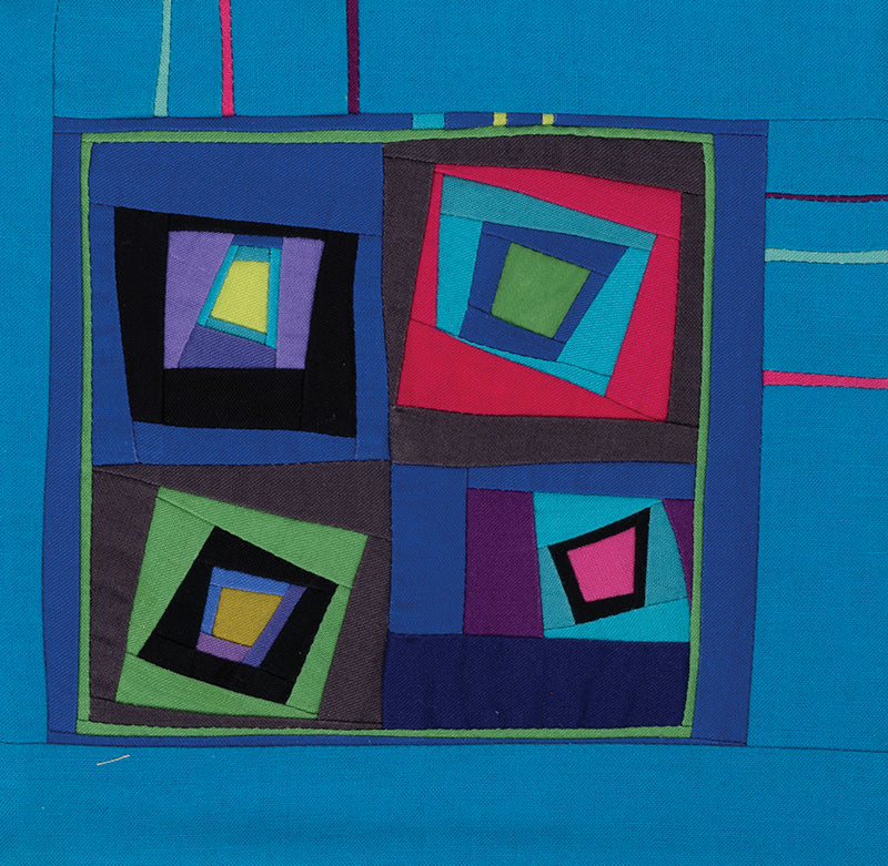 C&T Publishing's "Quilt Small, Dream Big" features four off-center multicolored squares (blue, green, black, purple, red, yellow) on a bright blue background with thin colorful lines—perfect for miniature quilting projects.