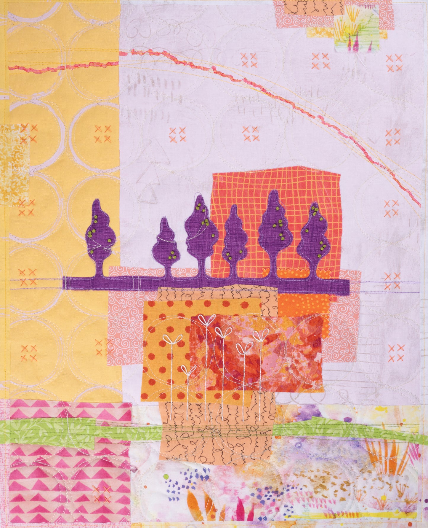 The Art Quilt Collage by C&T Publishing is a vibrant textile art piece featuring layered pink, orange, and yellow fabrics with purple tree motifs, patchwork squares, and decorative stitching in an abstract design.