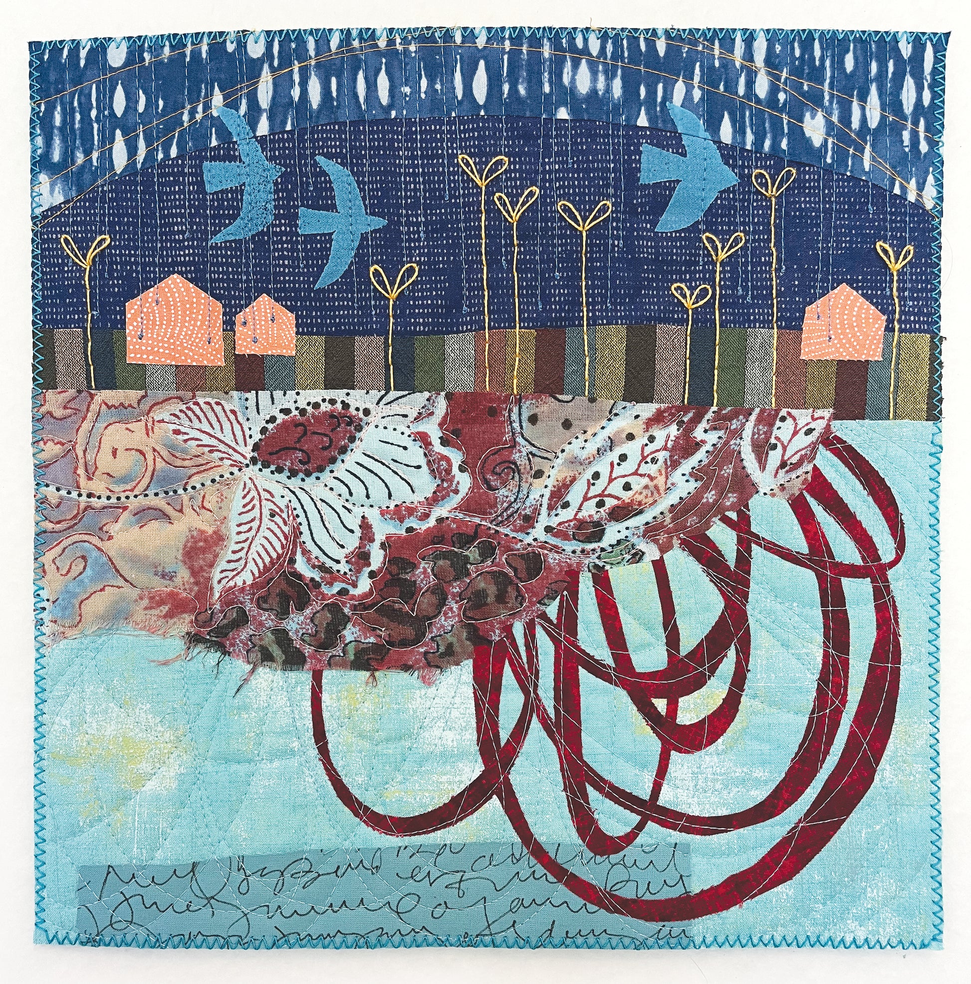 The C&T Publishing Art Quilt Collage features birds, houses, abstract florals, red loops, blues, browns, and reds over a striped horizon with stitched handwriting details for a unique textile art piece.