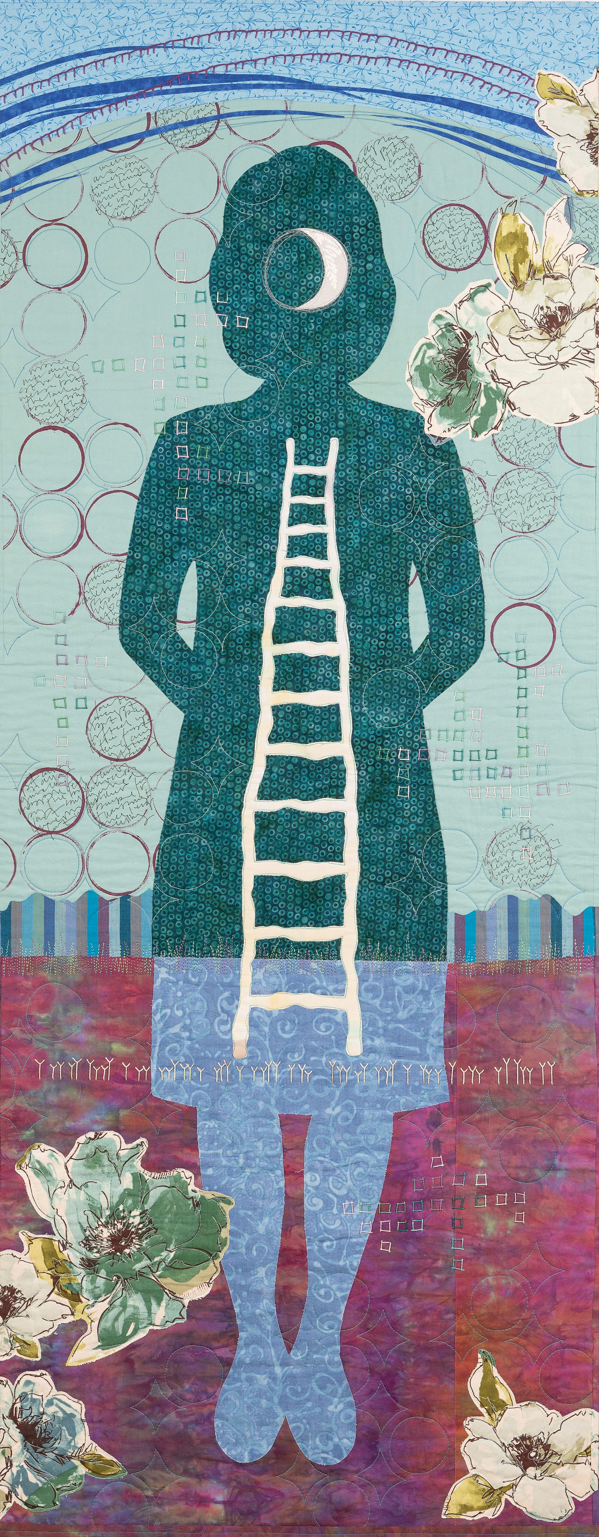 C&T Publishing’s Art Quilt Collage features a stylized figure with a ladder symbol on its torso, a crescent moon on its head, and large white flowers in the lower corners against a patterned background.