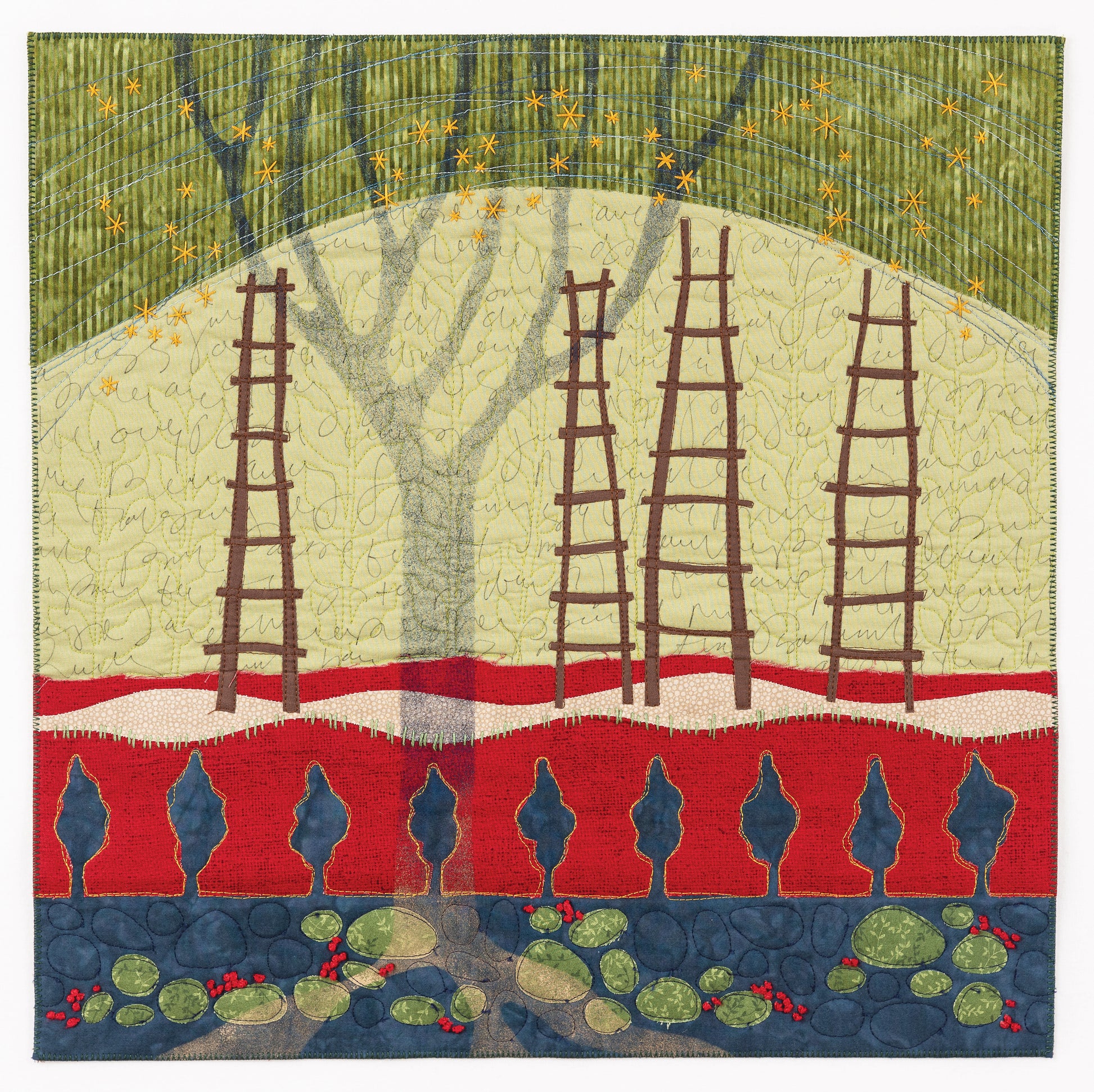 The Art Quilt Collage by C&T Publishing showcases a pale tree with bare branches, brown ladders, a red and blue ground with green stones, plants, and a semicircular yellow background accented with stitched star shapes.