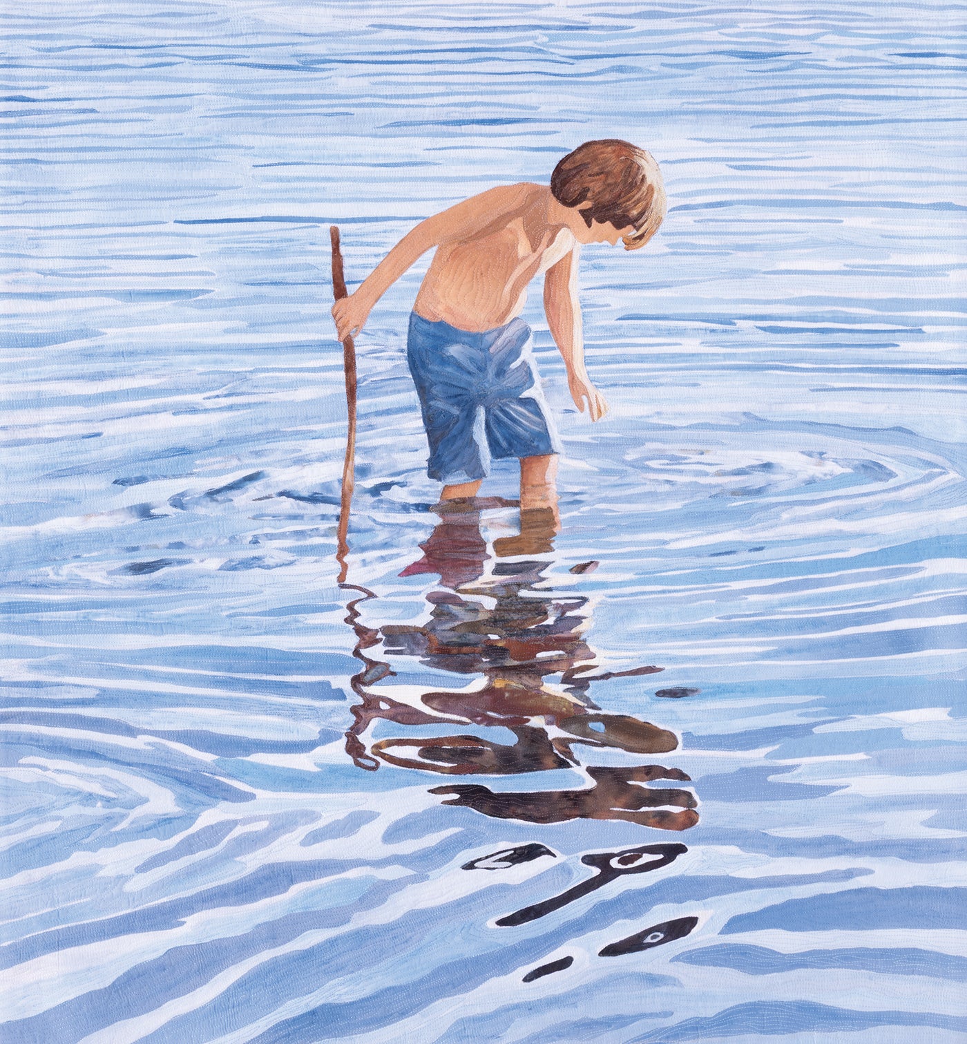 A boy in blue shorts wades through shallow water, holding a stick and gazing at his reflection, surrounded by gentle ripples—a tranquil moment beautifully recreated in quilted form with Quilted Realism by C&T Publishing, capturing the essence of photo-to-quilt transformation through intricate artistry.