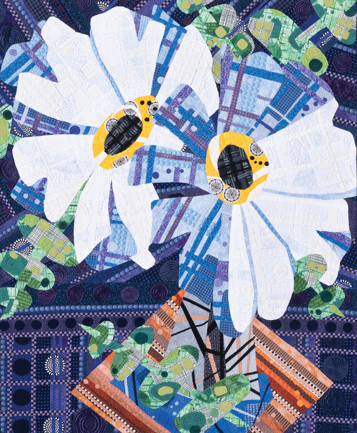 A striking art quilt from Inspiration in Color & Cloth—The Art Quilts of Katie Pasquini by C&T Publishing showcases white flowers with yellow and black centers, green leaves, and a vivid geometric vase on a blue-purple background.