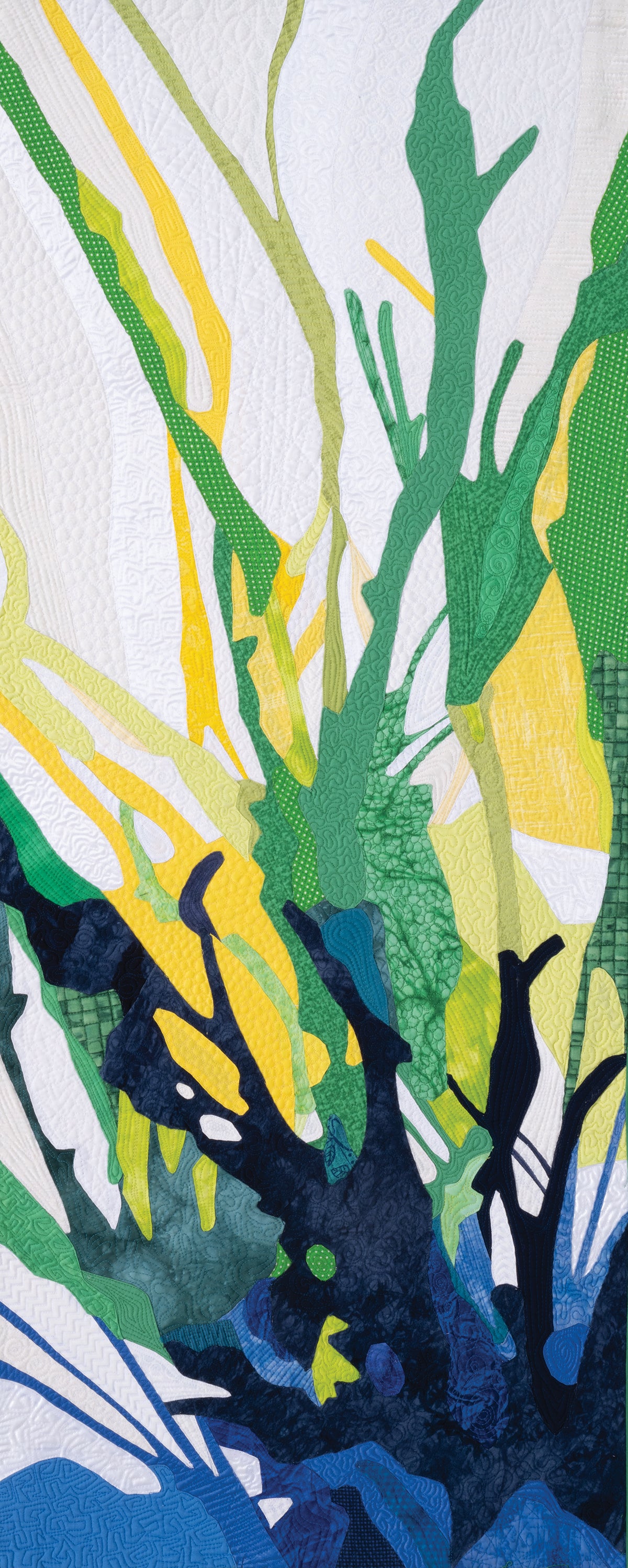 Discover plant-inspired textile art in blue, green, yellow, and white on a quilted background with *Inspiration in Color & Cloth—The Art Quilts of Katie Pasquini* by C&T Publishing—a must for any art quilting lover.