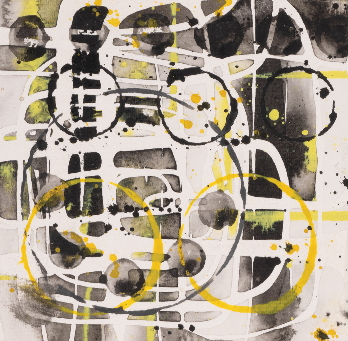 Dynamic abstract art with black, gray, and yellow circles and lines evokes quilting, splatters, and grids—perfectly showcased in C&T Publishing’s Inspiration in Color & Cloth—The Art Quilts of Katie Pasquini.