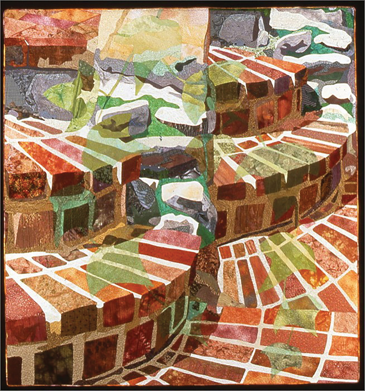 Inspired by art quilting, this colorful mosaic features curved brick steps in earthy red, brown, green, and orange—see similar designs in Inspiration in Color & Cloth—The Art Quilts of Katie Pasquini from C&T Publishing.