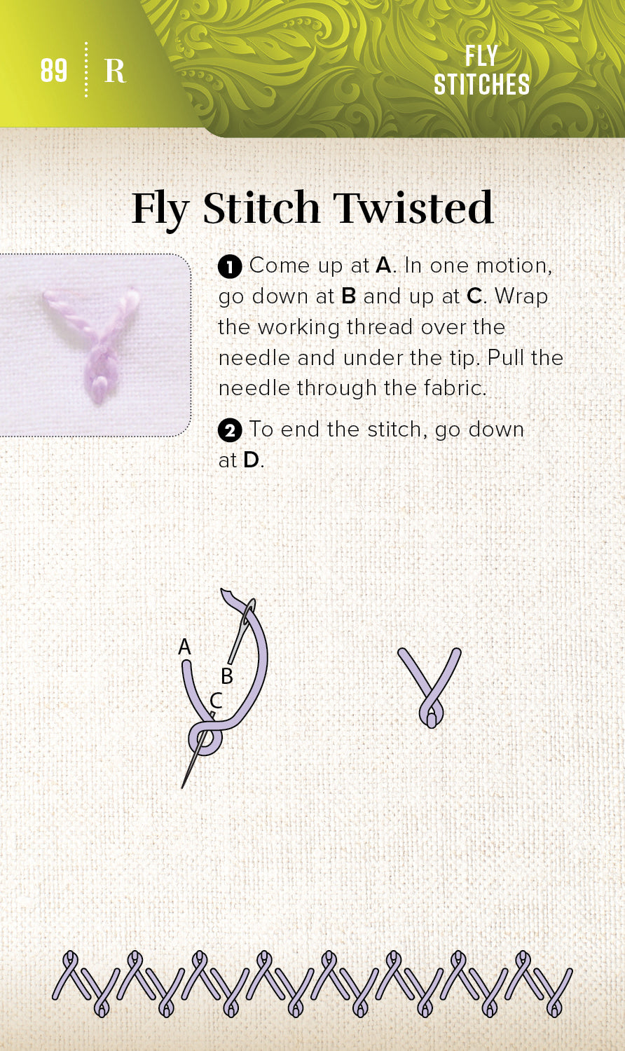 Instructional page from C&T Publishing's On-the-Go Embroidery Cards Set 2 shows how to make a twisted fly stitch with diagrams, labeled steps, and purple thread—ideal for practicing creative stitches anywhere. Arrows guide needle movement and stitch placement.