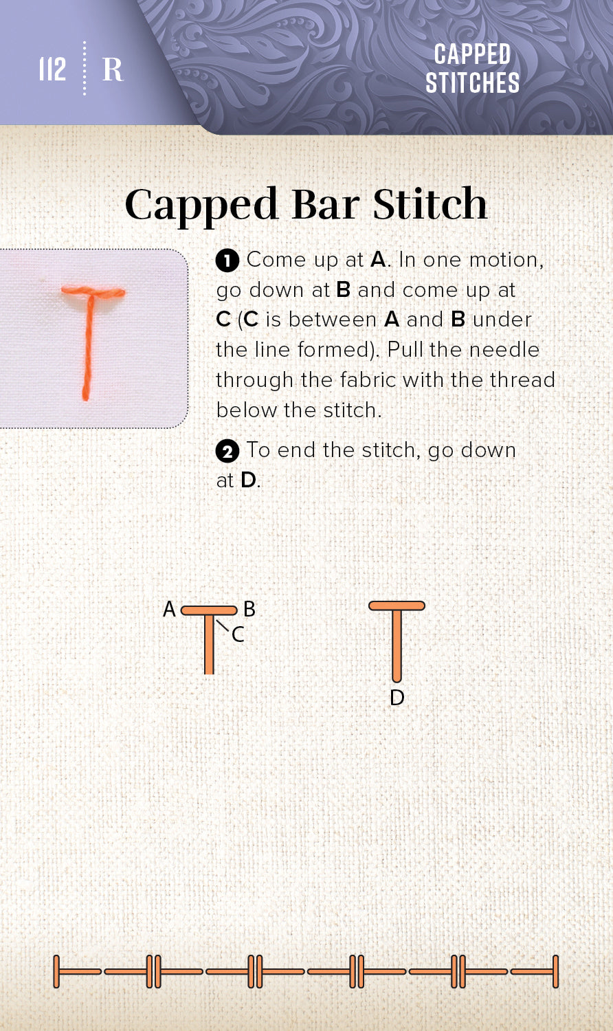 The On-the-Go Embroidery Cards Set 2 by C&T Publishing features step-by-step diagrams and instructions for a capped bar stitch, with labeled needle points A, B, C, D and illustrations showing stitch placement and finished patterns.