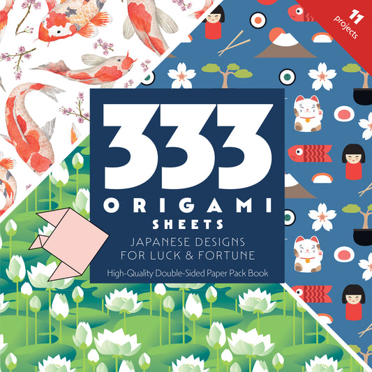 The C&T Publishing 333 Origami Sheets Japanese Designs for Luck & Fortune pack features koi fish, lotus flowers, and traditional Japanese patterns. Includes kawaii designs for 11 projects with a pink paper crane cover.