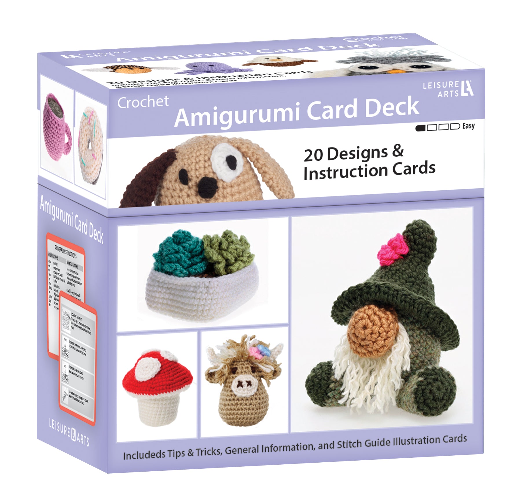 The Leisure Arts Amigurumi Card Deck features 20 design cards with crochet patterns for cute figures like a dog, gnome, mushroom, and basket. Includes instructions—ideal for beginner crochet projects.