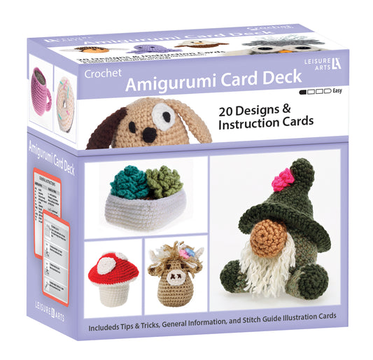 The Leisure Arts Amigurumi Card Deck features 20 design cards with crochet patterns for cute figures like a dog, gnome, mushroom, and basket. Includes instructions—ideal for beginner crochet projects.