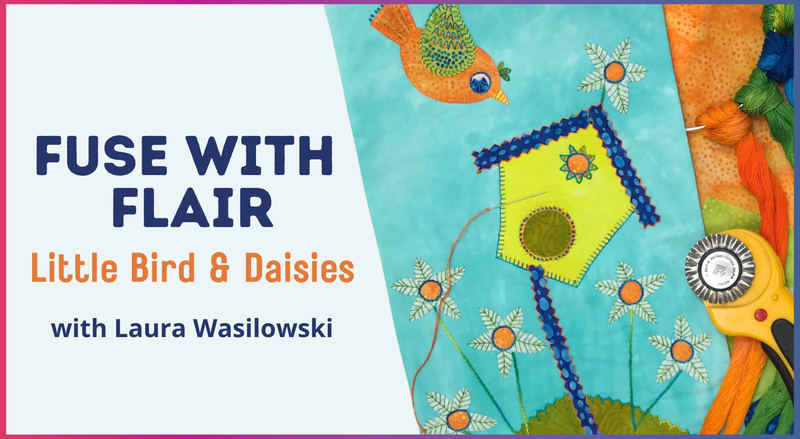 Workshop banner displays "Fuse with Flair: Little Bird and Daisies with Stitch Library" by Creative Spark beside vibrant fabric art featuring an orange bird, daisies, a birdhouse, sewing tools, and embroidery—ideal for your next wall quilt.
