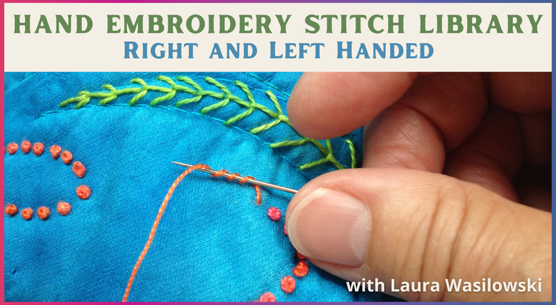 A close-up of a hand stitching embroidery on blue fabric with green and orange threads. Text reads: Creative Spark Hand Embroidery Stitch Library: Right & Left Handed.