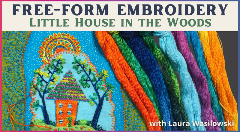 An embroidered house among trees on blue fabric appears beside bright threads. Text: Free-form Embroidery: Little House in the Woods with Stitch Library by Creative Spark.