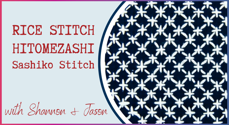 Text reads: Rice Stitch: Hitomezashi (Sashiko Starter Series #1) by Creative Spark with Shannon & Jason. On the right is a close-up of navy fabric featuring white rice stitch embroidery, ideal for visible mending and decoration.