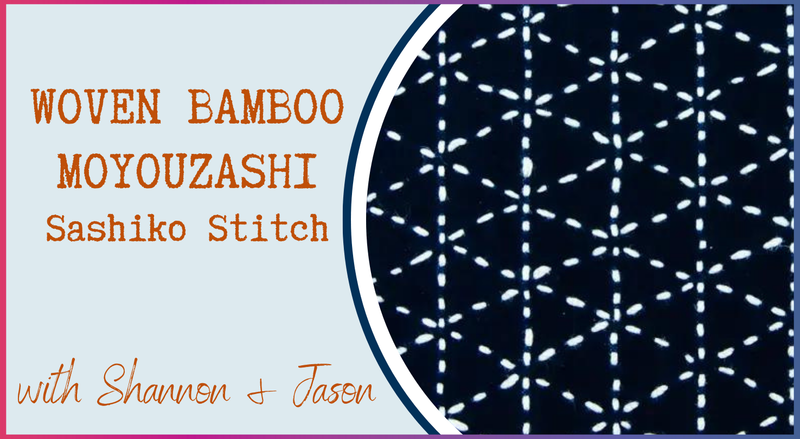 A graphic displays "Woven Bamboo: Moyouzashi (Sashiko Starter Series #2) by Creative Spark" beside a close-up of dark fabric with white geometric stitches, inviting you to explore this Sashiko technique in their class.