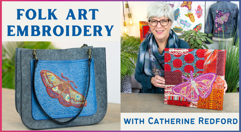 Split image: Left, a gray bag with colorful folk art embroidery and the text "Folk Art Embroidery with Stitch Library." Right, a smiling woman holds a vibrant quilt; text reads with Catherine Redford. Brand: Creative Spark.