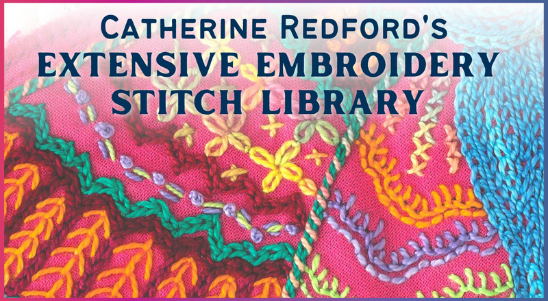 Vibrant embroidery on pink fabric, featuring “Catherine Redford’s Extensive Embroidery Stitch Library” in bold blue—Creative Spark’s essential guide for beginners and experienced stitchers.