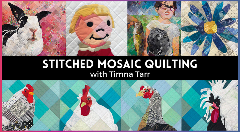 A vibrant collage of animal, flower, and human face mosaic quilt panels surrounds the “Stitched Mosaic Quilting” title on a black banner, showcasing Creative Spark’s creative pictorial quilt layouts.