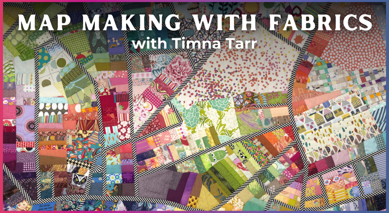 A colorful patchwork art quilt made of various fabrics is shown with “Map Making with Fabrics” by Creative Spark overlaid at the top.