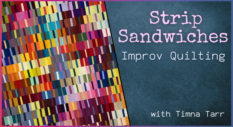 A colorful striped quilt pattern appears on the left, with chalkboard-style text on the right that reads: Strip Sandwiches Improv Quilting by Creative Spark.