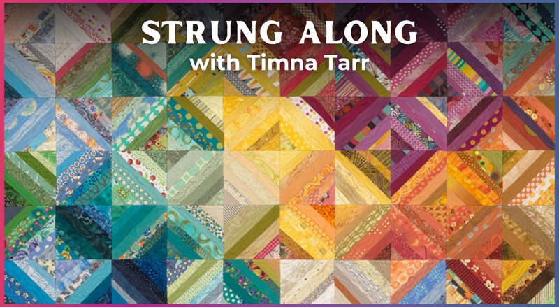 A vibrant String Quilt with diagonal patchwork in many patterns and colors features creative color placement, overlaid with "Strung Along by Creative Spark" at the top.