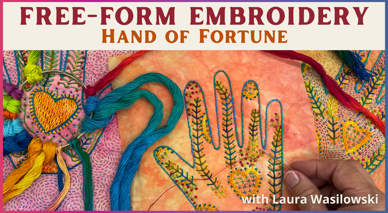 A hand embroiders colorful thread on fabric with hand shapes and designs, highlighting free-form embroidery. Embroidery floss, a heart pattern, and Creative Spark appear with “Free-form Embroidery: Hand of Fortune with Stitch Library” text.