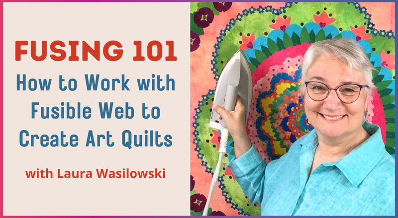 Smiling woman holds an iron before a colorful quilt. Text: Fusing 101: How to Work with Fusible Web to Create Art Quilts by Creative Spark—discover top fusing tips for stunning quilts!.