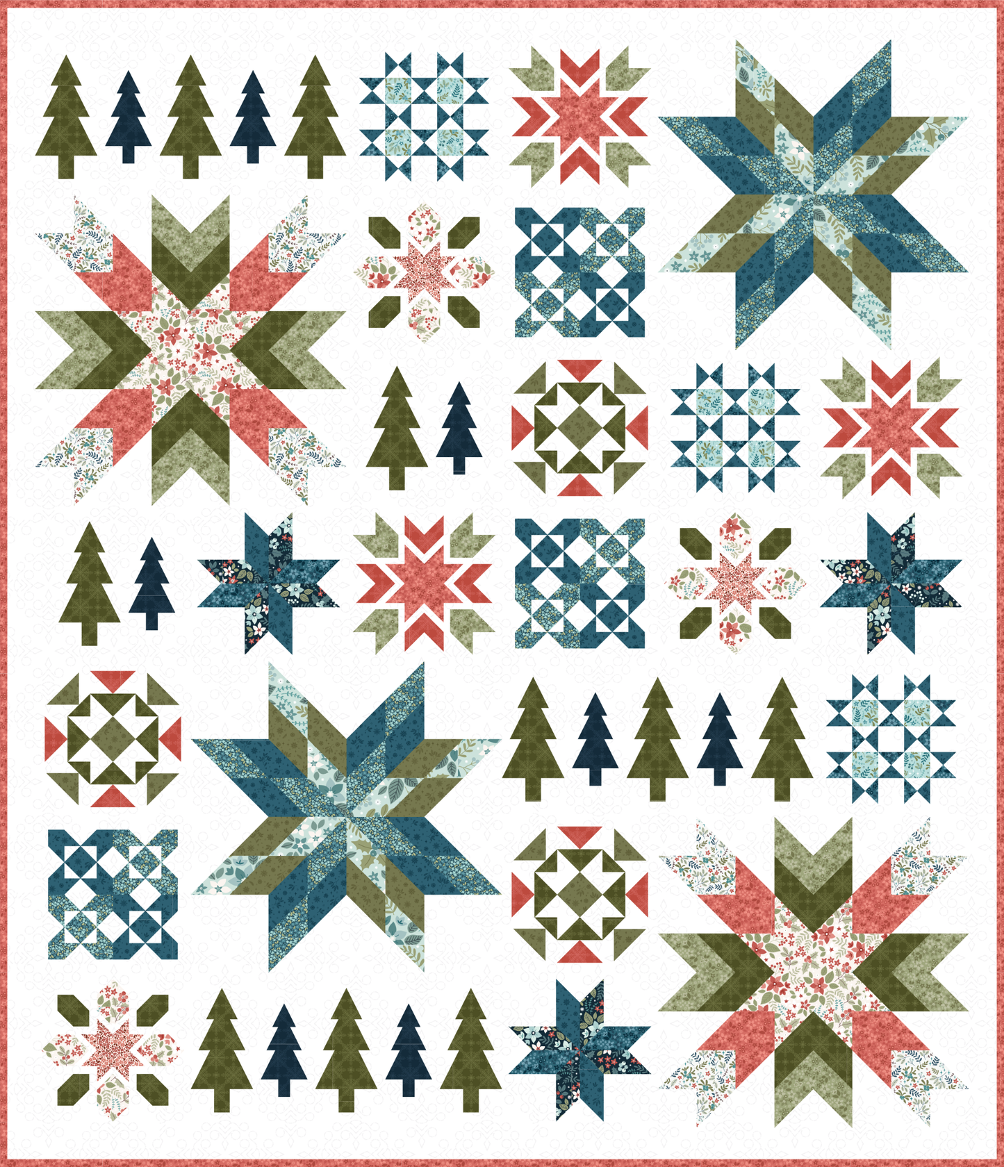 The Creative Spark Yuletide Sampler Block-of-the-Month Quilt features stars, geometric blocks, and pine trees on a white background in green, blue, and red florals—perfect for joining Shelley's cozy quilt along.