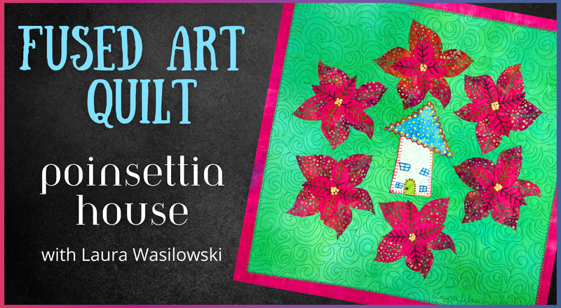 The "Fused Art Quilts: Poinsettia House" by Creative Spark showcases a tiny house encircled by vibrant poinsettias, creating a charming and colorful scene.
