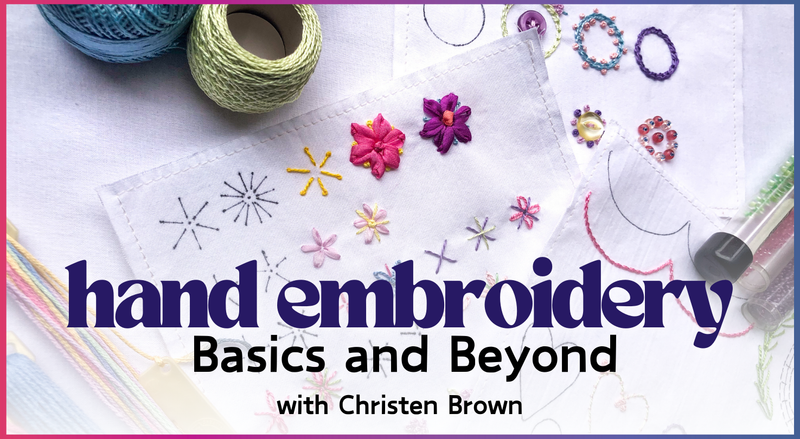 A white cloth with colorful embroidered flowers lies among spools of thread and a needle. Text: Hand Embroidery Basics and Beyond by Creative Spark—ideal for slow-stitching enthusiasts.