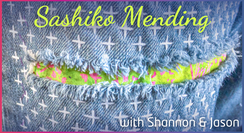 Close-up of blue denim with white sashiko stitching and a large horizontal tear exposing bright green floral fabric. Text: Sashiko Mending by Creative Spark—Repair your clothes with style.