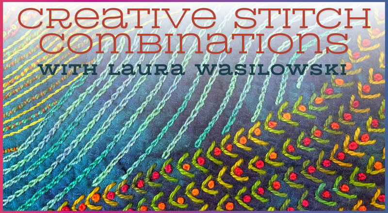 Blue, green, and orange hand embroidery stitches decorate dark fabric. Overlay text reads: Creative Stitch Combinations: Crafting Embroidery Textures and Patterns by Creative Spark—a perfect guide for free-form embroidery inspiration.