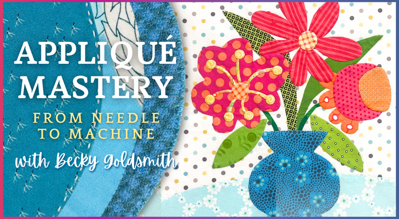 A vibrant applique of flowers in a blue vase decorates “Appliqué Mastery: From Needle to Machine” by Creative Spark, set on a quilted background. Explore thorough hand and machine appliqué techniques in this comprehensive course.