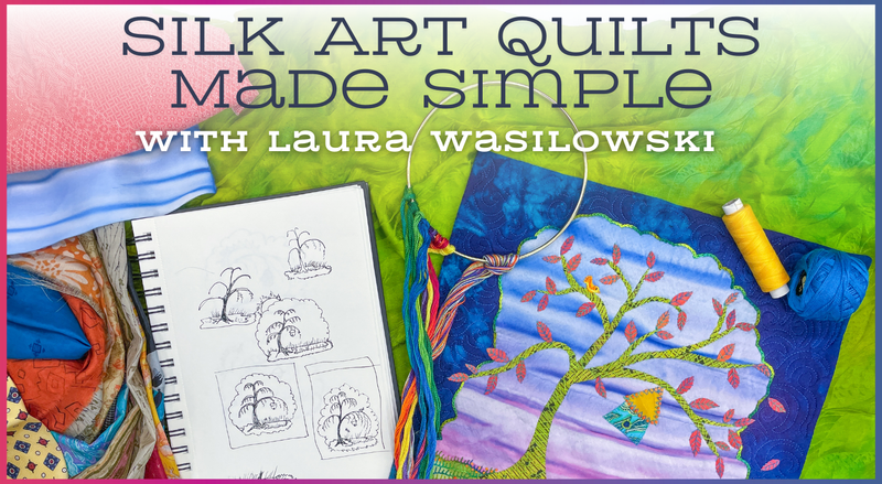 A vibrant silk art quilt featuring a tree is shown with sewing tools, embroidery threads, and a design sketchbook. Text: Silk Art Quilts Made Simple by Creative Spark.