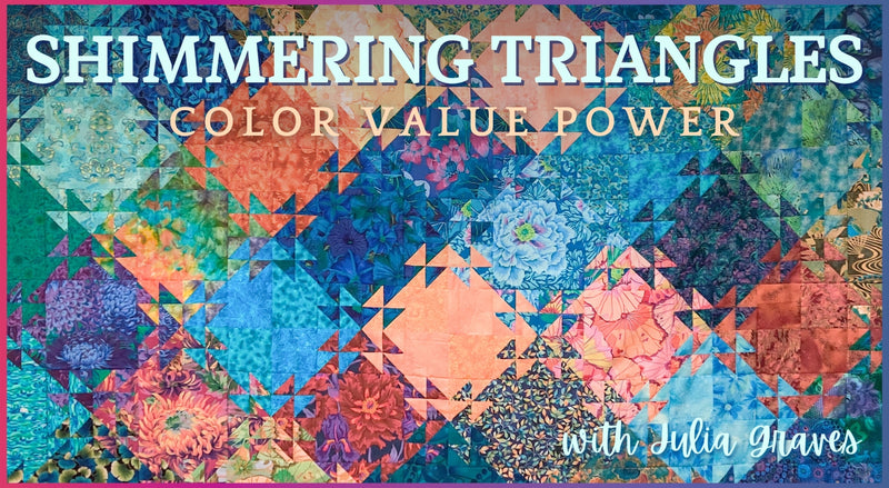 A vibrant quilt of colorful triangles and florals showcases Shimmering Triangles by Creative Spark, with the title displayed in bold white letters.