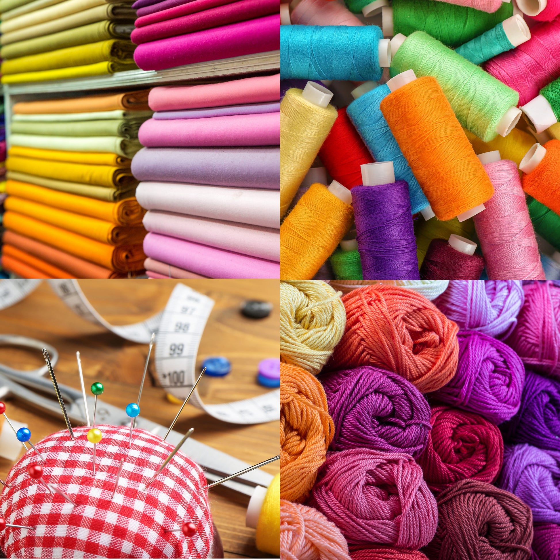 A collage featuring fabric bolts, vibrant spools of thread, a pincushion with pins and a measuring tape, plus balls of yarn in assorted shades—just the inspiration you need from Creative Spark’s Organize Your Creative Space: A Step-by-Step Craft Room Reset for organizing your craft room or storing creative sewing supplies.