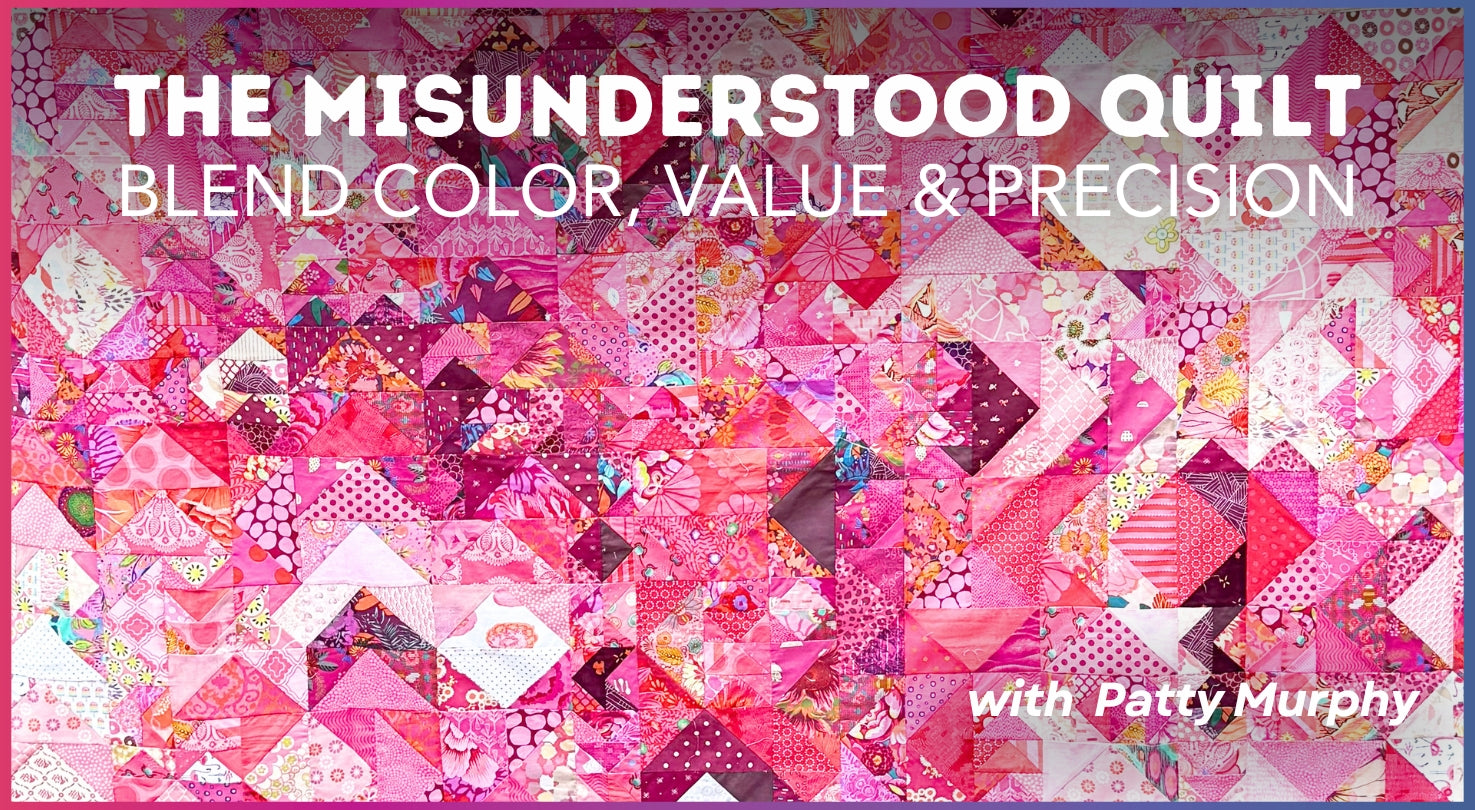 A quilt of pink, purple, and red geometric patterns with text: The Misunderstood Quilt: Blend Color, Value & Precision by Creative Spark.